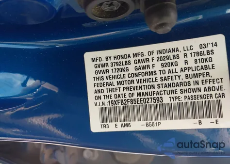 2014 Honda Civic Ex from USA, damaged, VIN 19XFB2F85EE027593